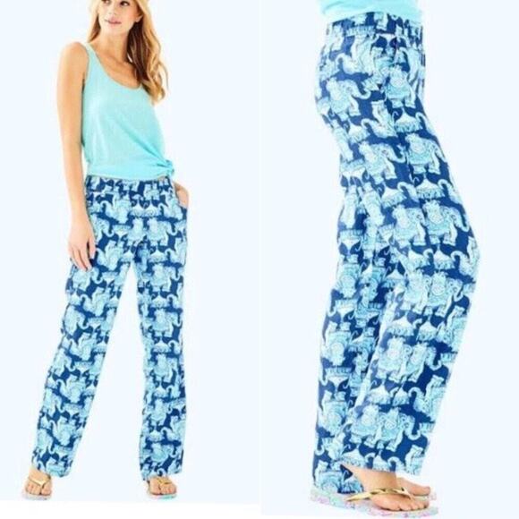 NWT Lilly Pulitzer Florita Linen Elephant Print Pant Pockets Medium - Picture 1 of 9